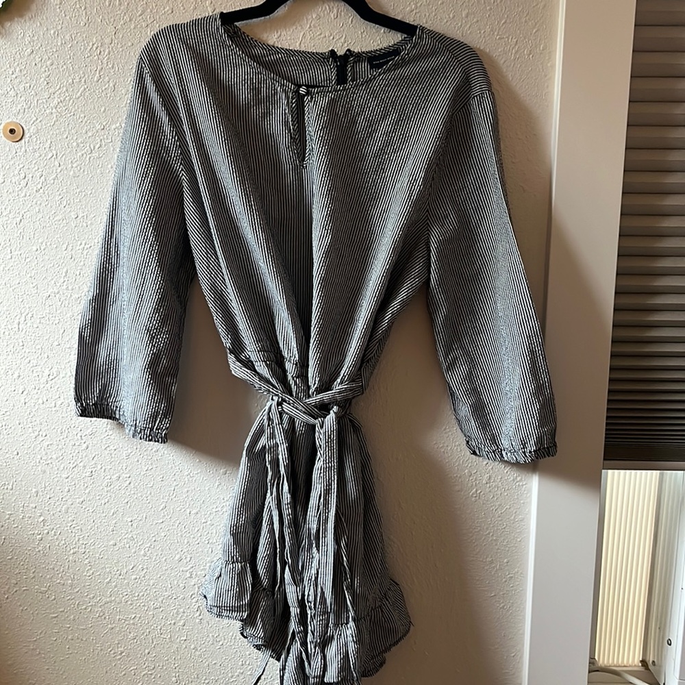 Pinstripe ruffle hem tie dress